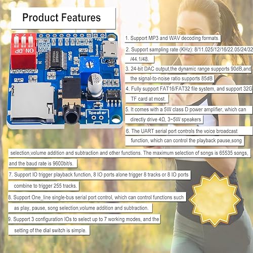 Miniatura 9 de Diitao Módulo de reproducción de voz 2 unids tablero de módulo de voz reproductor de MP3, 5W 64MBit Flash Serial Control SDTF Tarjeta IO Disparador