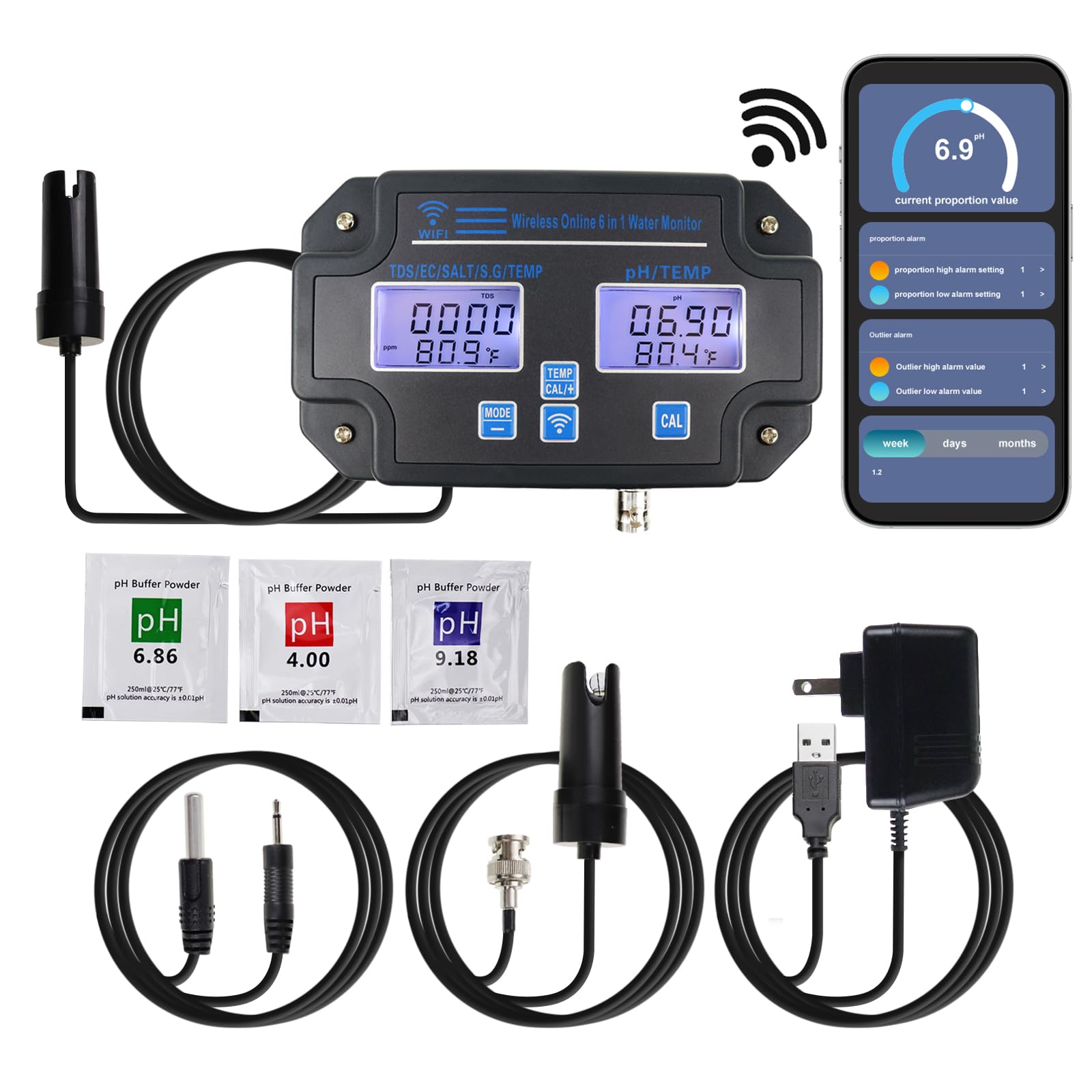 6-in-1 Smart Water Quality Tester – WiFi/App Monitor für pH, EC, TDS, Temp, SG & Salz Echtzeit-Alarme Ideal für Hydroponik, Aquarien, Pools & Trinkwasser
