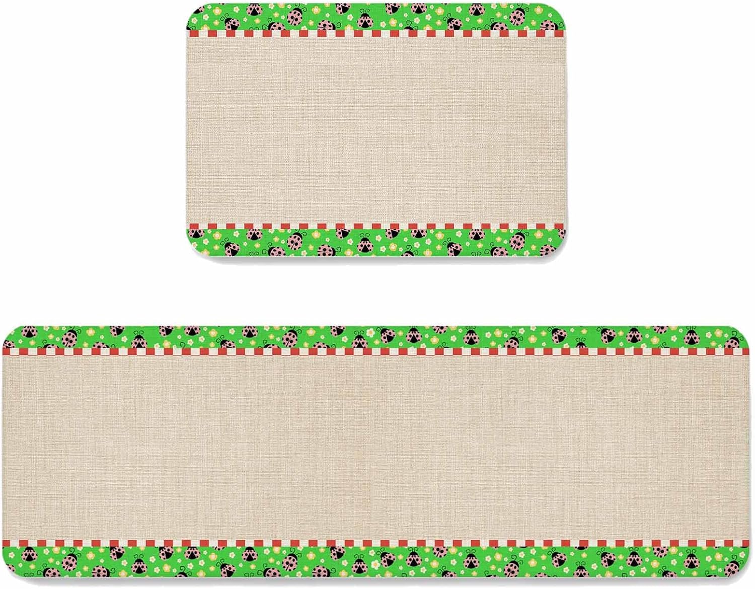 Ladybug Kitchen Mat Set 2 Pieces Yellow Daisy Floral Insects Pastoral Style Linen Texture Green Non Slip Kitchen Rugs Washable Runner Rug Mats for Floor Sink Laundry Office 23.6" x 35.4"+23.6" x 70.9"