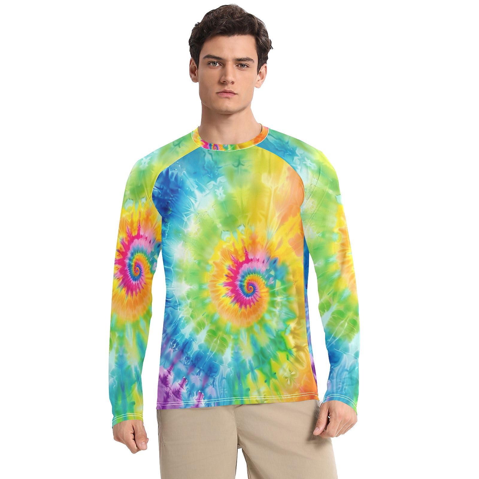 Colorful Tie Dye Men Rash Guard UV Sun Protection UPF 50+ Sun Shirt Long Sleeve Quick Dry Athletic Workout Tshirts, Large