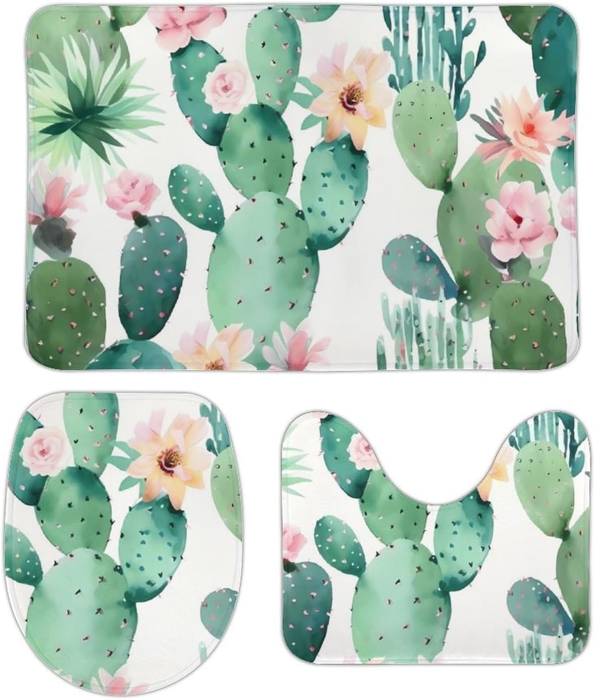 Anti-Skid Floor Mats 3 Piece Set,Cactus Pattern Printed Coral Fleece Bathroom Mats U-Shaped Contour Mat Toilet Seat Cover for Bathroom, Tub, Shower, Kitchen 19.7"x31.5"
