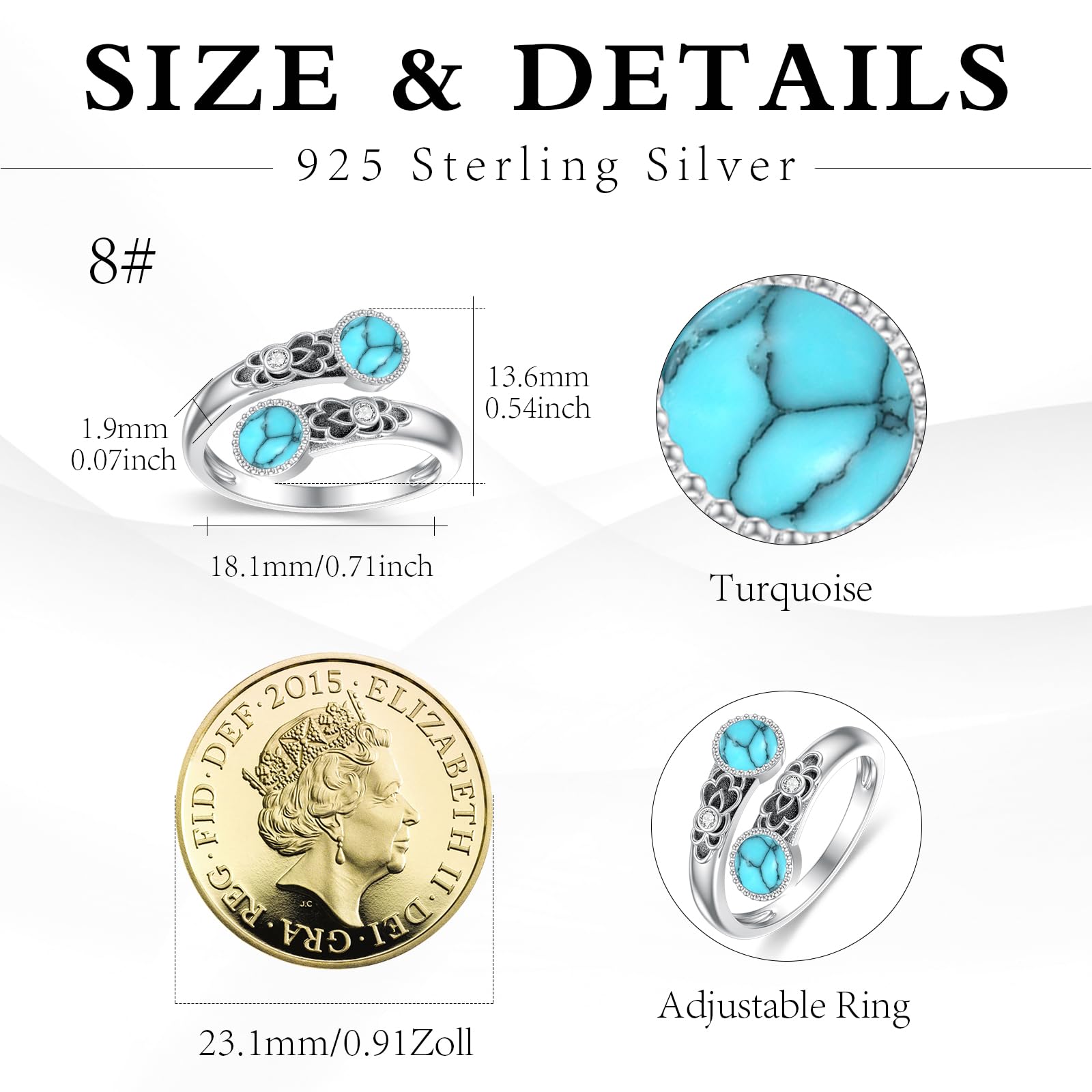 Anillos de turquesa de plata de ley 925, anillos de doble piedra, vintage, floral, ajustable, turquesa, regalo para mujer, Plata de ley, Turquesa
