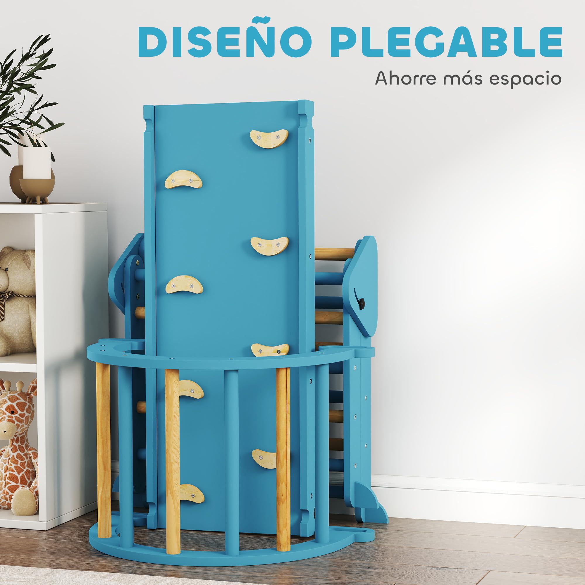 AIYAPLAY 7 en 1 Triángulo de Escalada Montessori con Arco y Rampa, Escalada para Niños de Madera Plegable, para 18-48 Meses, para Deslizarse o Escalar, 188x70 cm, Azul