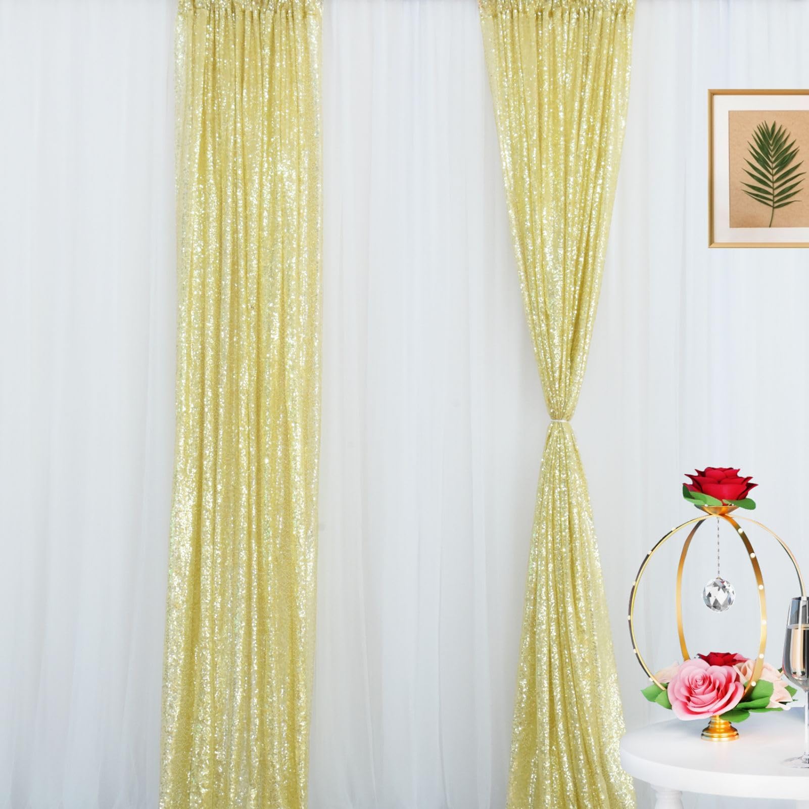 Rideaux à paillettes jaunes 122 x 215 cm pour accessoires de photographie, arche de mariage et décoration de fête prénuptiale