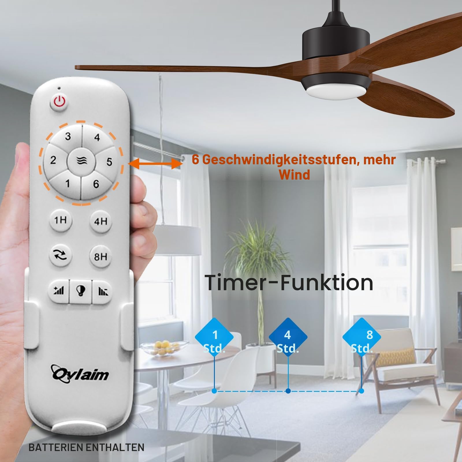 Ovlaim 132cm Walnuss Holz Deckenventilatoren mit Beleuchtung Fernbedienung | 3-Blatt-Propeller Smart Deckenventilator für Indoor Outdoor, hoher Luftstrom leiser DC-Motor