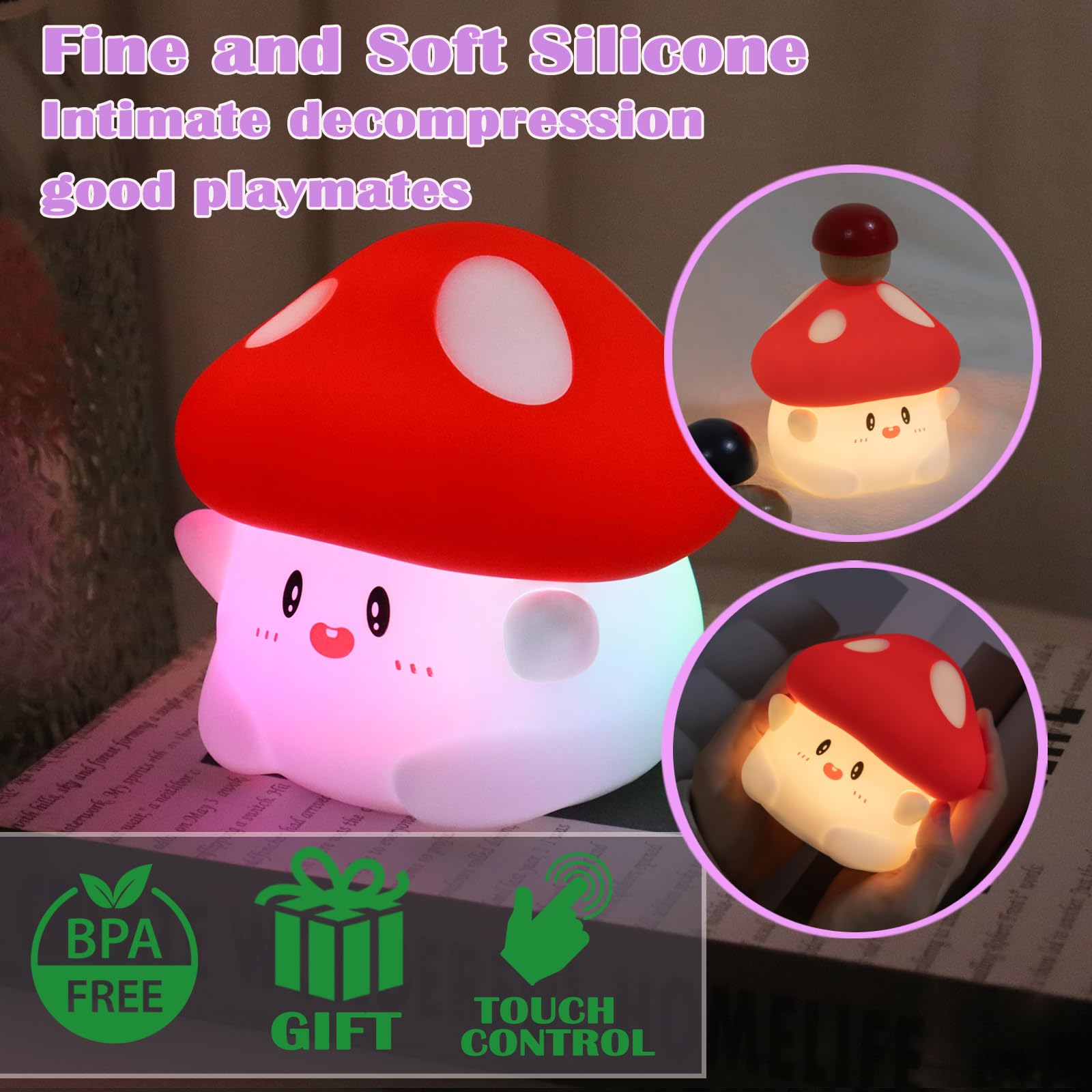 POSSHE Mushroom Night Light with Squishy Soft Silicone, RGB Flashing Color - Image 4
