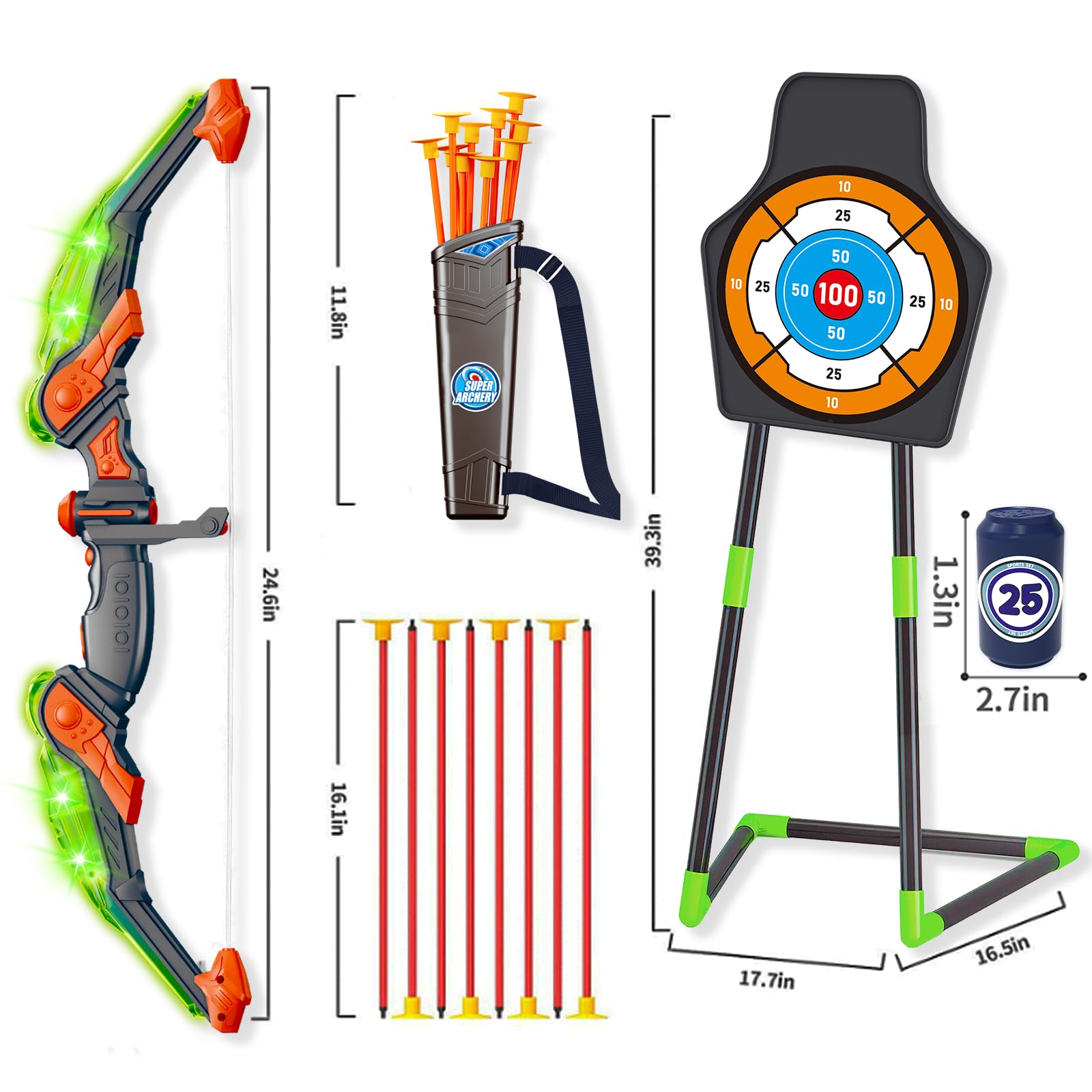 Doloowee Arc et flèche pour Enfants avec lumières LED – Ensemble de tir à l'arc amélioré Comprenant 1 Super Arc, 8 flèches à Ventouse, Cible 2 en 1 avec Jouets carquois à bandoulière
