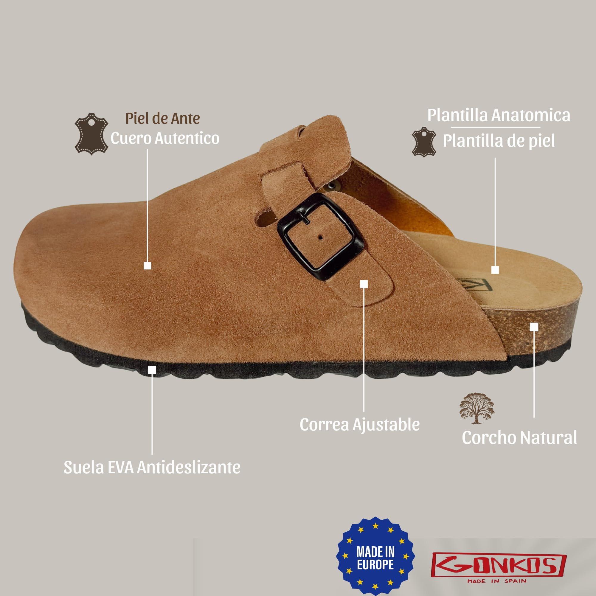 Zuecos de Piel con Plantilla de Corcho, Piel Autentica, Corcho Natural, Hebilla Ajustables al Pie, Sandalias Hombre/Mujer, Suela Antideslizante EVA, Sandalias de Calidad Hechas en España