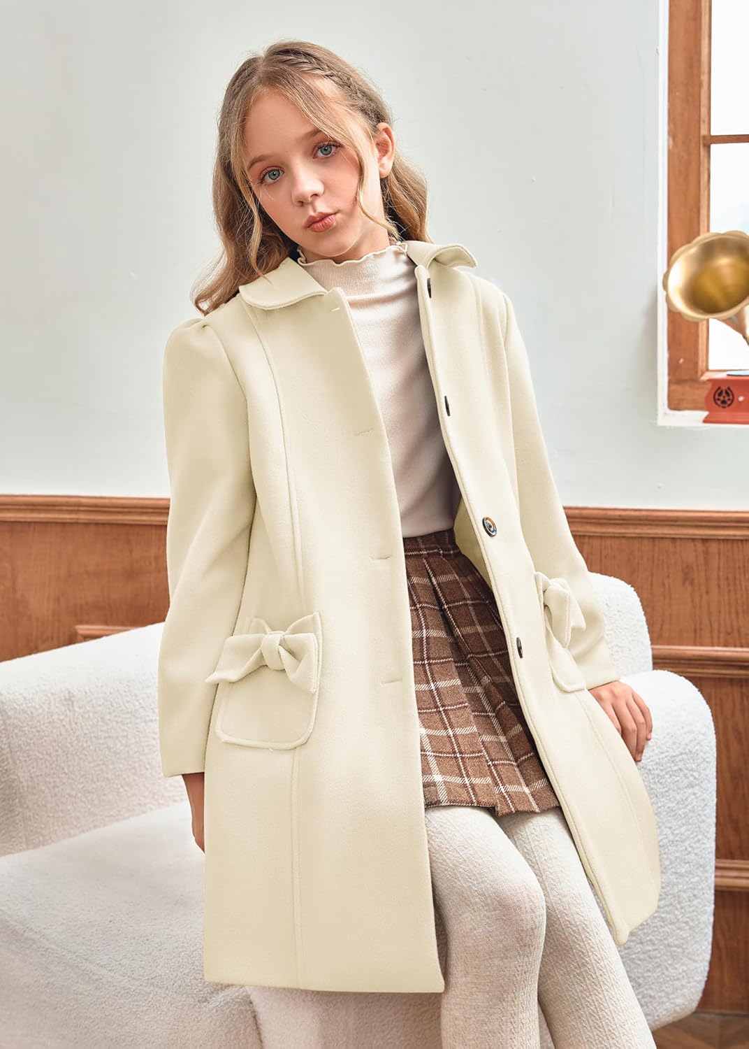 Meikulo Girls Single Breasted Dress Coat Kids Winter Outerwear Jackets Bowknot Pockets 5-14 Years - Image 4