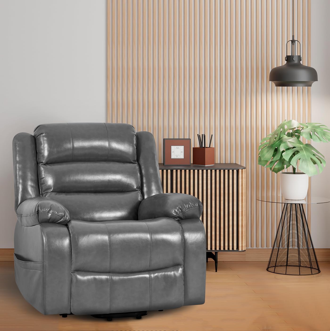 Naomi Home Faux Leather Power Lift Recliner Chair with Footrest Reclining Chair with Remote Control Premium Studded and Tufted Detailing Side Pocket Comfortable Power Lift Gray Faux Leather