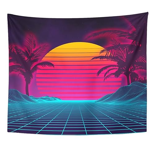 TOMPOP Tapestry Retro Futuristic Neon Landscape 1980S Digital Cyber 80S