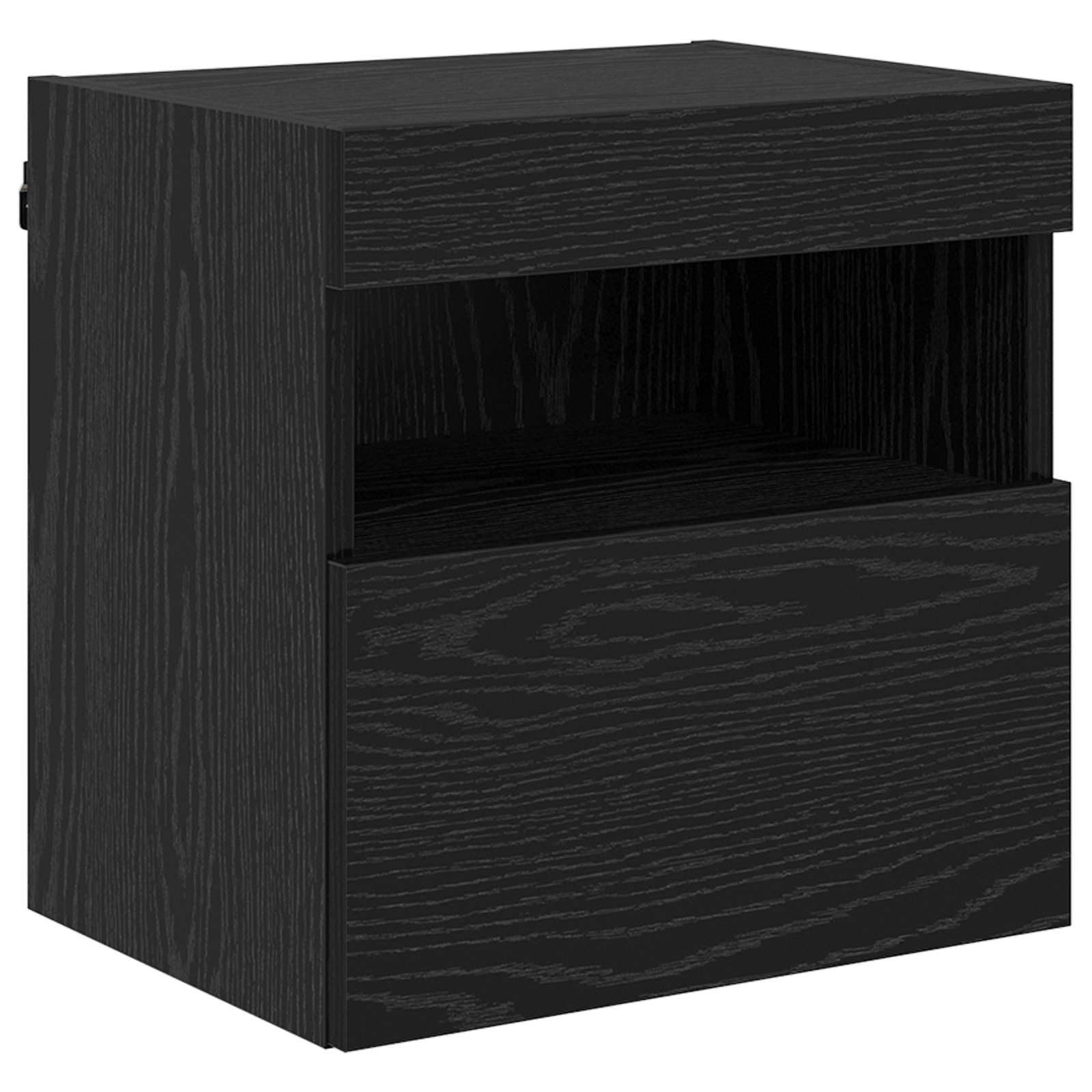 Szafka pod telewizor 7-częściowa, czarna imitacja dębu, materiał drewnopochodny, z oświetleniem LED, montaż na ścianie, miejsce do przechowywania do salonu, regał na media