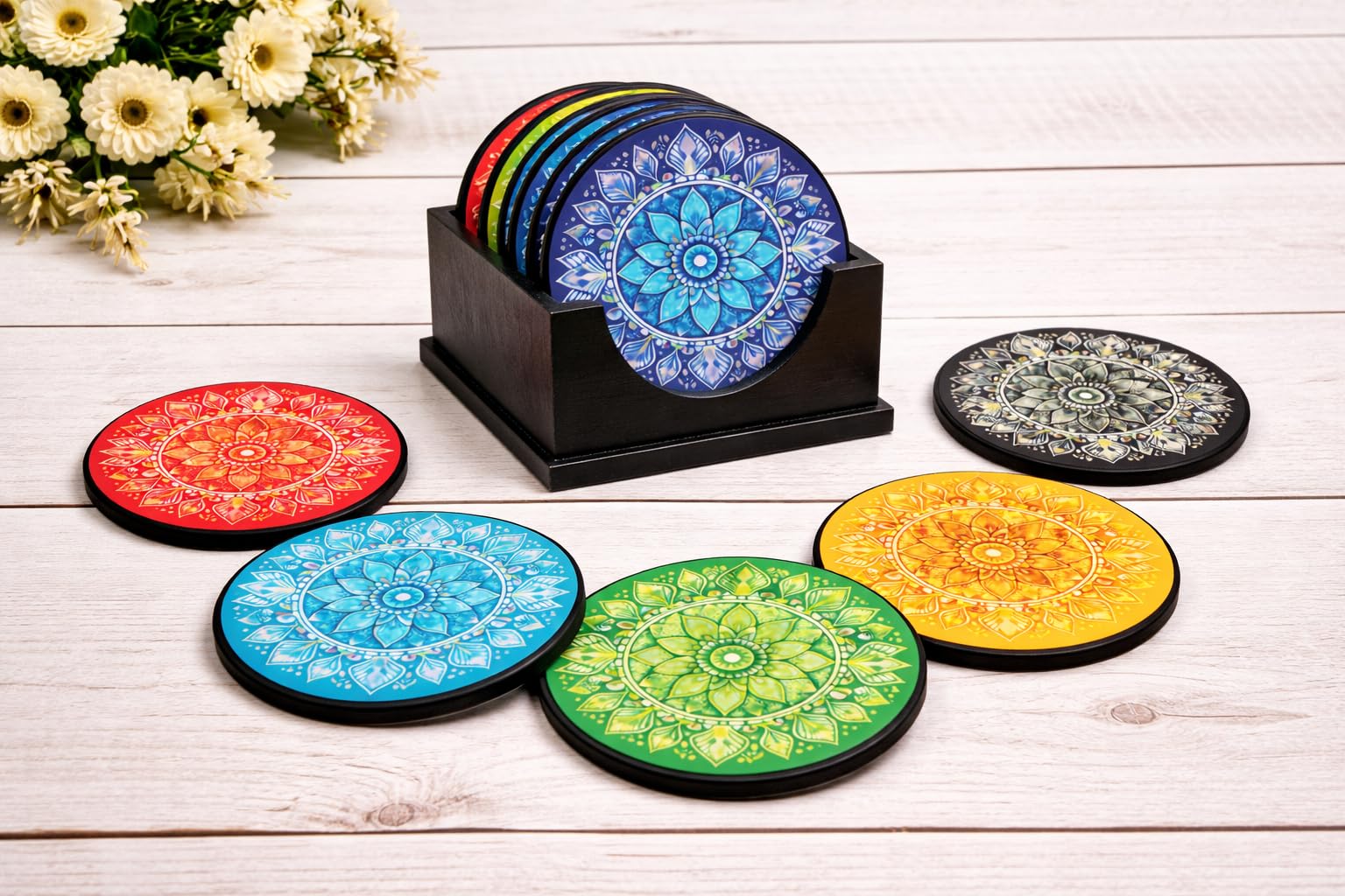 Wooden Coaster Set of 6 with Stand | Designer Round Tea & Coffee Coasters for Cups, Mugs & Glasses | Multicolor (4 x 4 Inch)-image-46