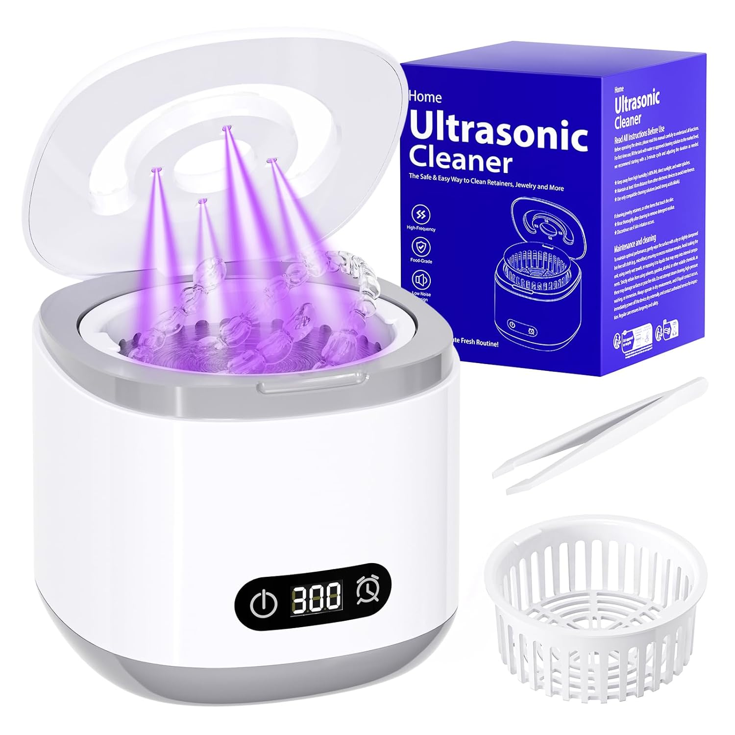 Estefanlo Ultrasonic Retainer Cleaner, 45kHz Retainer Cleaner Machine with LED Digital Auto Timer, 200ML Ultrasonic Cleaner wiht 3 Retainer Cleaner Modes for Denture, Aligner, Mouth Guard,Night Guard
