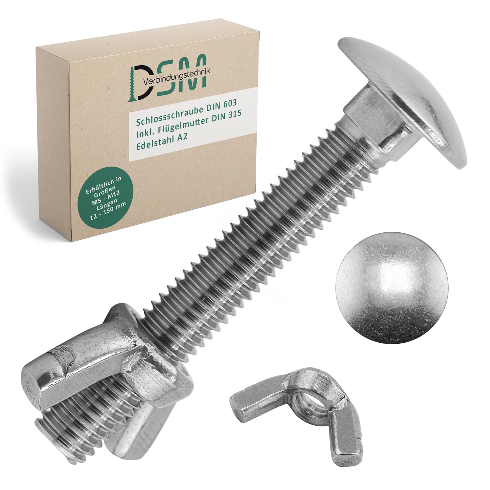 DSM – śruby zamkowe M12 x 65 mm zgodnie z DIN 603 – nakrętka motylkowa DIN 315 – stal szlachetna A2/V2A – pełny gwint – śruby z łbem płaskim z nasadką czworokątną – nakrętka motylkowa – 100 sztuk
