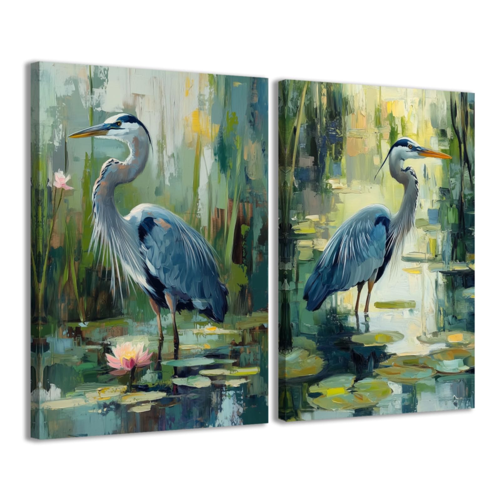 CCWACPP Heron Wall Art 2 Piece Blue Heron Painting Cyan Bird Picture Canvas Framed Seaside Animal Artwork Prints Coastal Bathroom Decor (30x40cmx2)