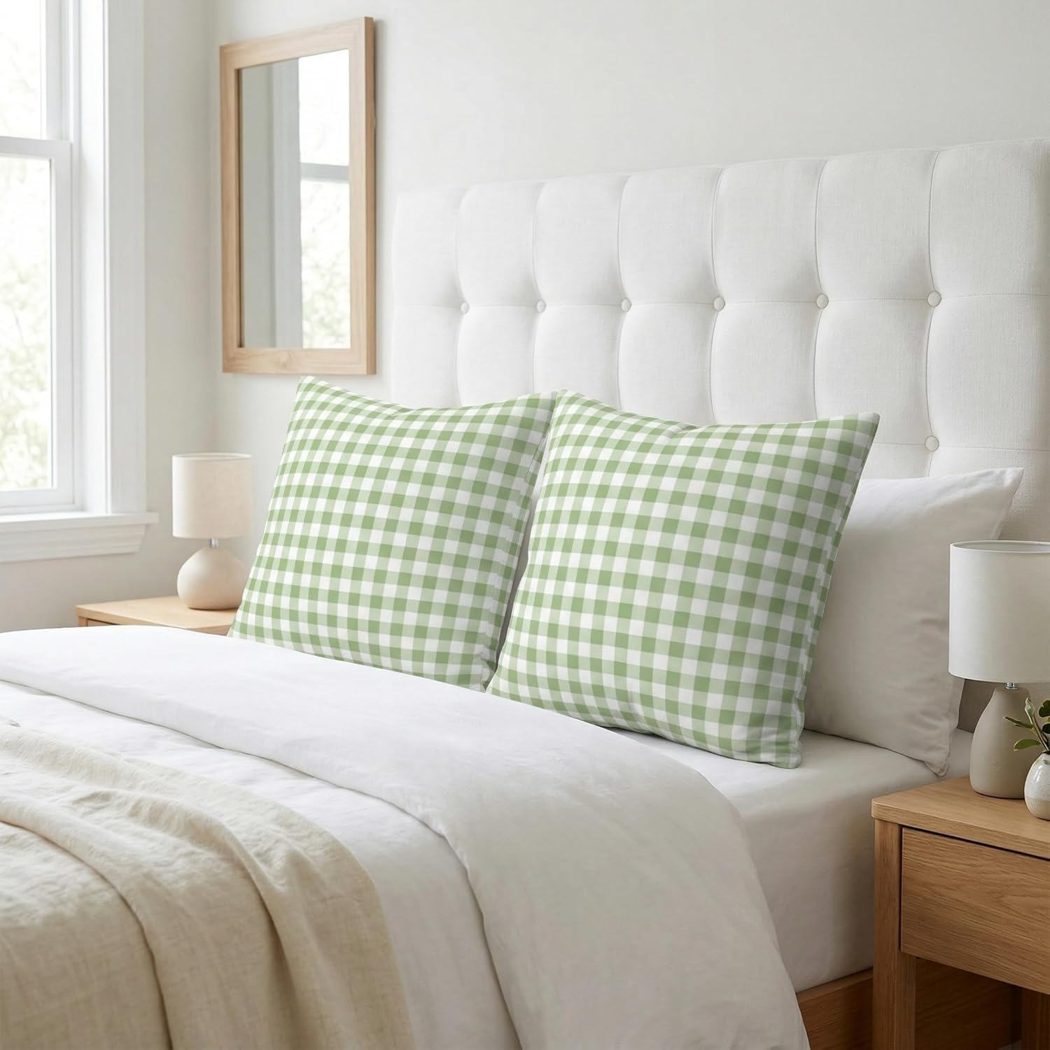 Green and White Buffalo Check Plaid Throw Pillows Cover Spring Farmhouse Decorative Throw Pillow Case Indoor Outdoor Cushion Cover Pillowcase for Sofa Couch Living Room 26 x 26 Inch Set of 2