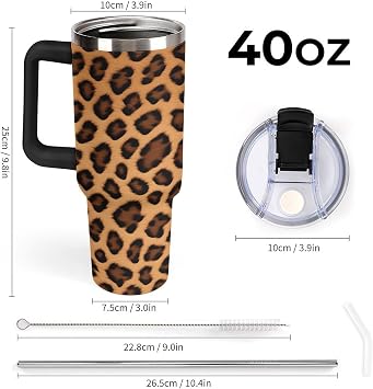 40oz Insulated Stainless Steel Tumbler with Handle, Abstract Brown Leopard Print Leakproof Water Bottles Travel Mug with Lid And Straw for Water, Iced Tea Or Coffee for Most Car Cup Holder