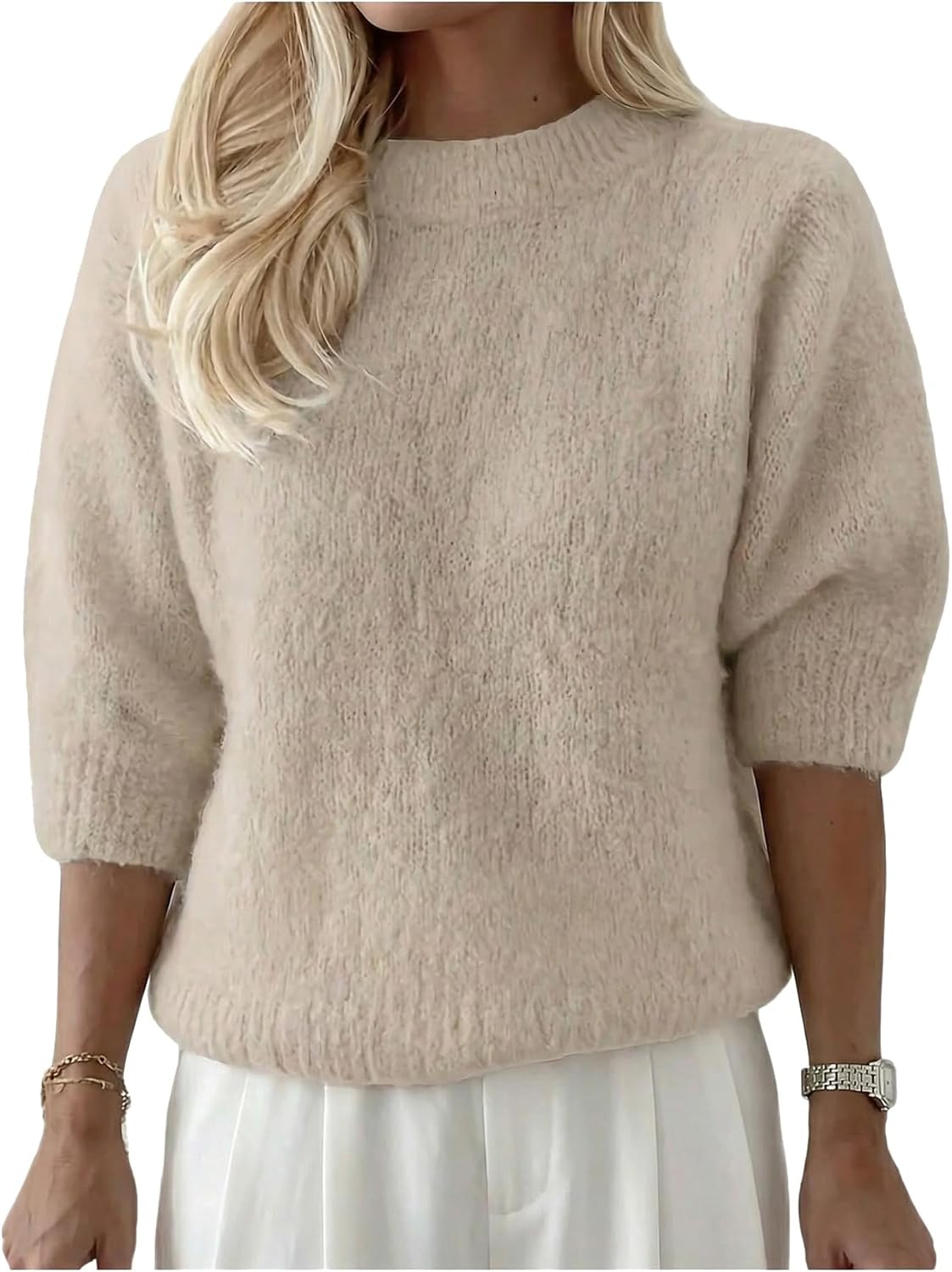 Women's Fuzzy 3/4 Sleeve Sweater Dressy Casual Crew Neck Loose Knit Fall Pullover Tops