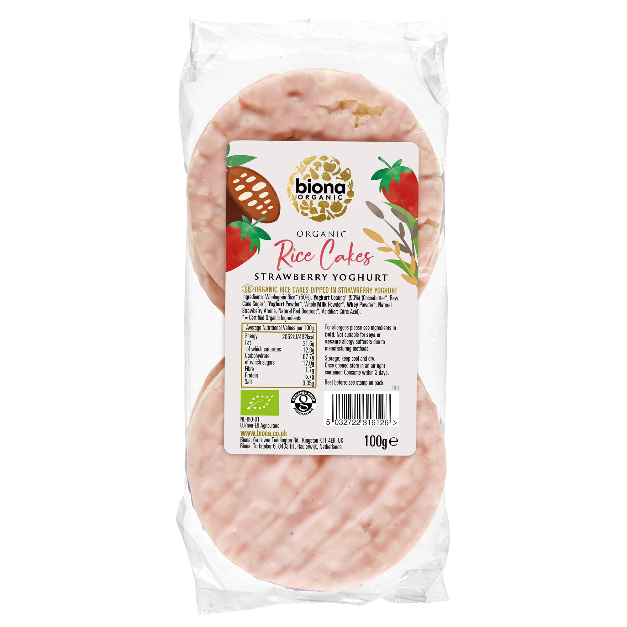 Biona Organic Strawberry Yoghurt Coated Rice Cakes 100g