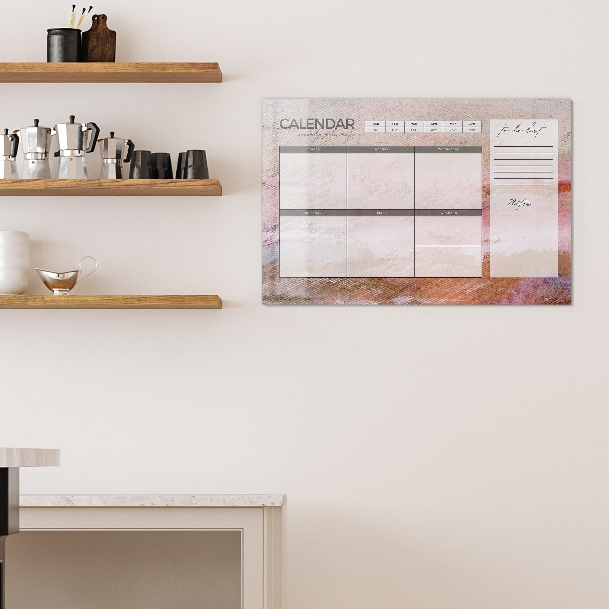 DEQORI Lavagna magnetica in vetro | 90 x 60 cm | motivo "Agenda settimanale Art (EN)" | Lavagna magnetica con magneti, penna e panno per cucina e ufficio, lavagna magnetica e scrivibile