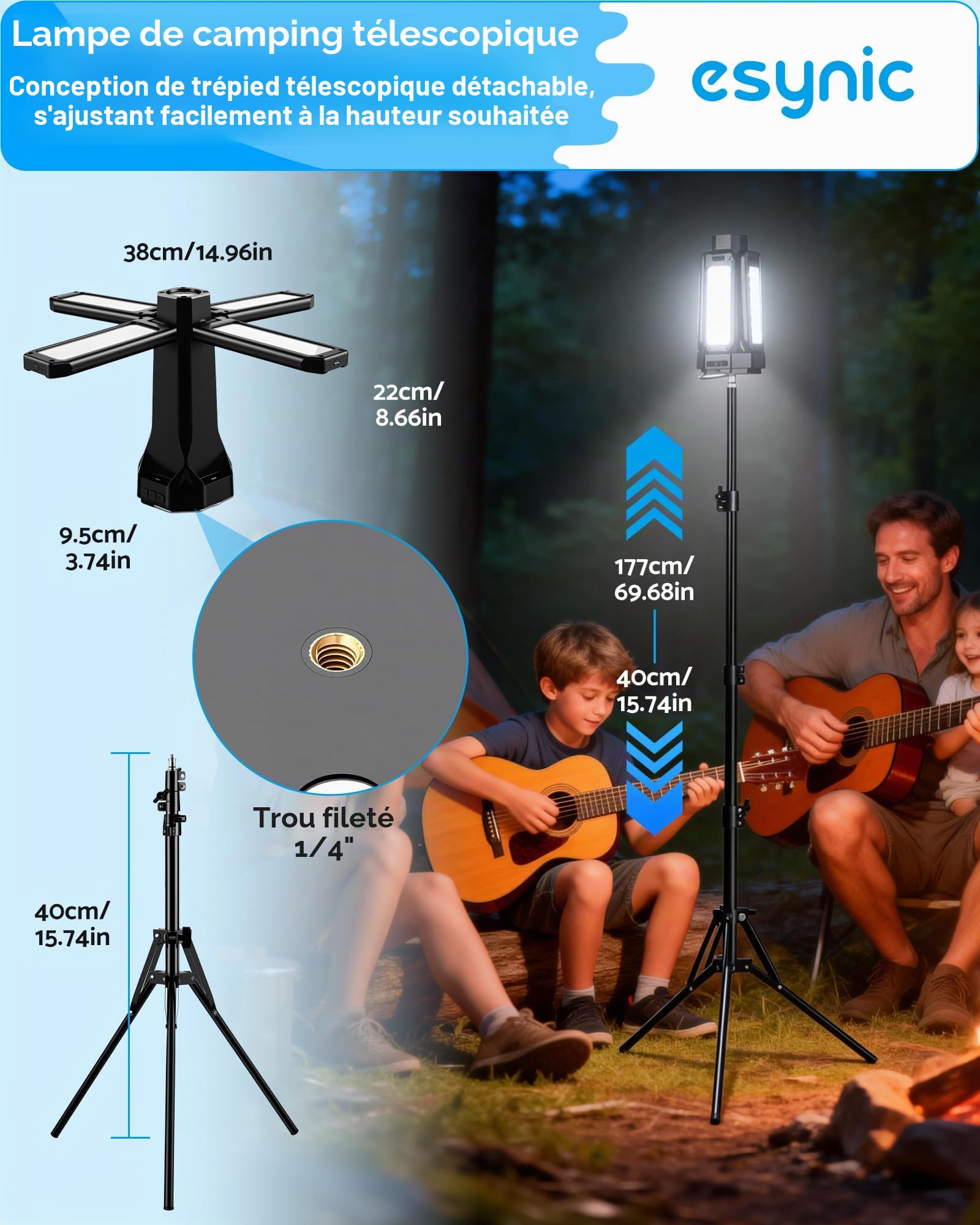eSynic Lampe de Camping Télescopique Rechargeable avec Trépied Rétractable Batterie de 16000mAh Lampe LED 5 Modes d'Éclairage 6 Luminosités Étanche IP66 Stroboscope SOS pour Extérieur Garage Camping