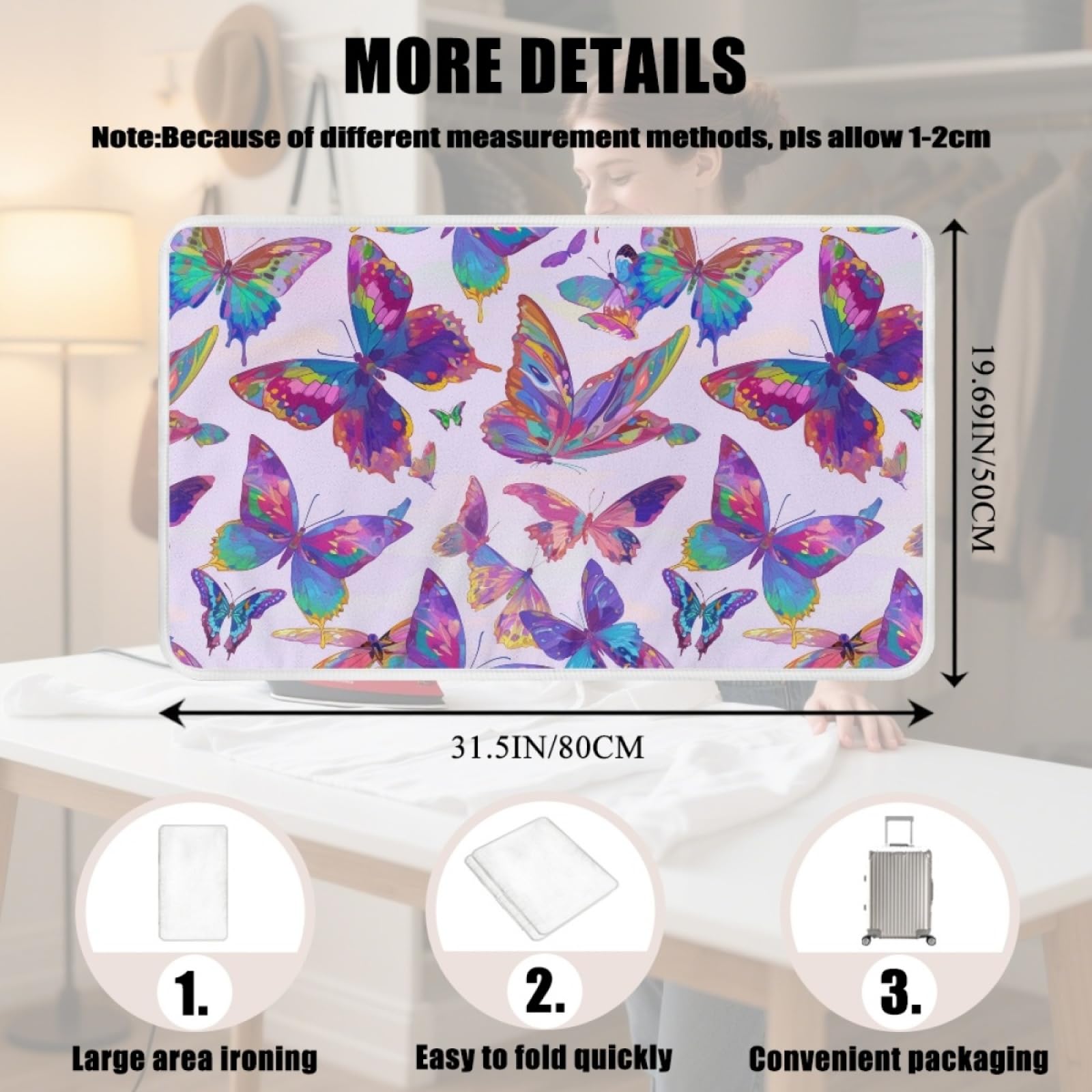 Bügelmatte Grün Lila Schmetterling Bügeleinlage Faltbares Hitzebeständig Waschbar Bügelauflage für Tisch und andere Oberflächen Bügelbrett Unterlage rutschfeste Bügeldecke 80x50cm (2 Stück)