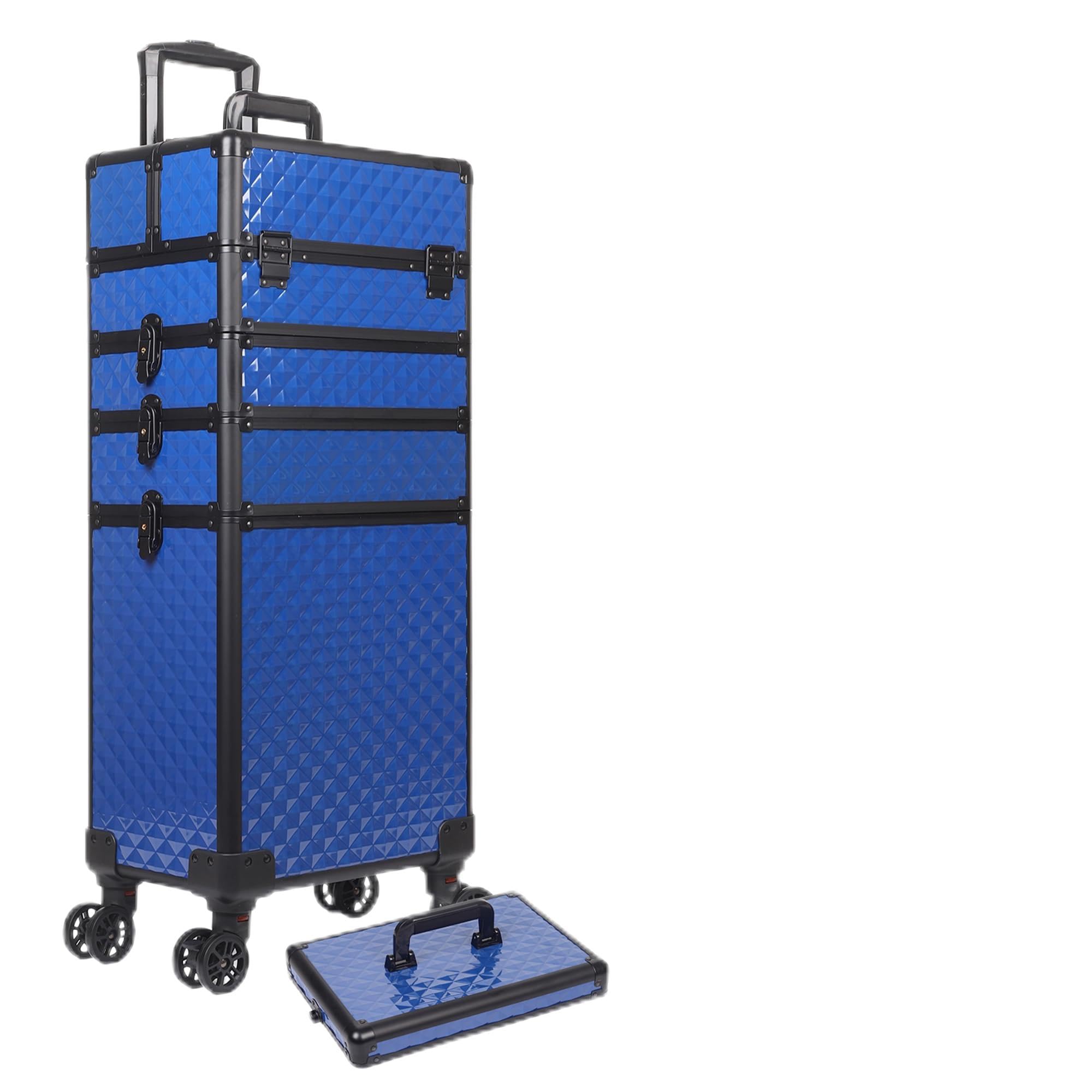 5 in 1 Rolling Makeup Train Case Professional Cosmetic Trolley Large Storage Organizer on Wheels for Hairstylist Artist Nail Beauty Salon Barber Blue