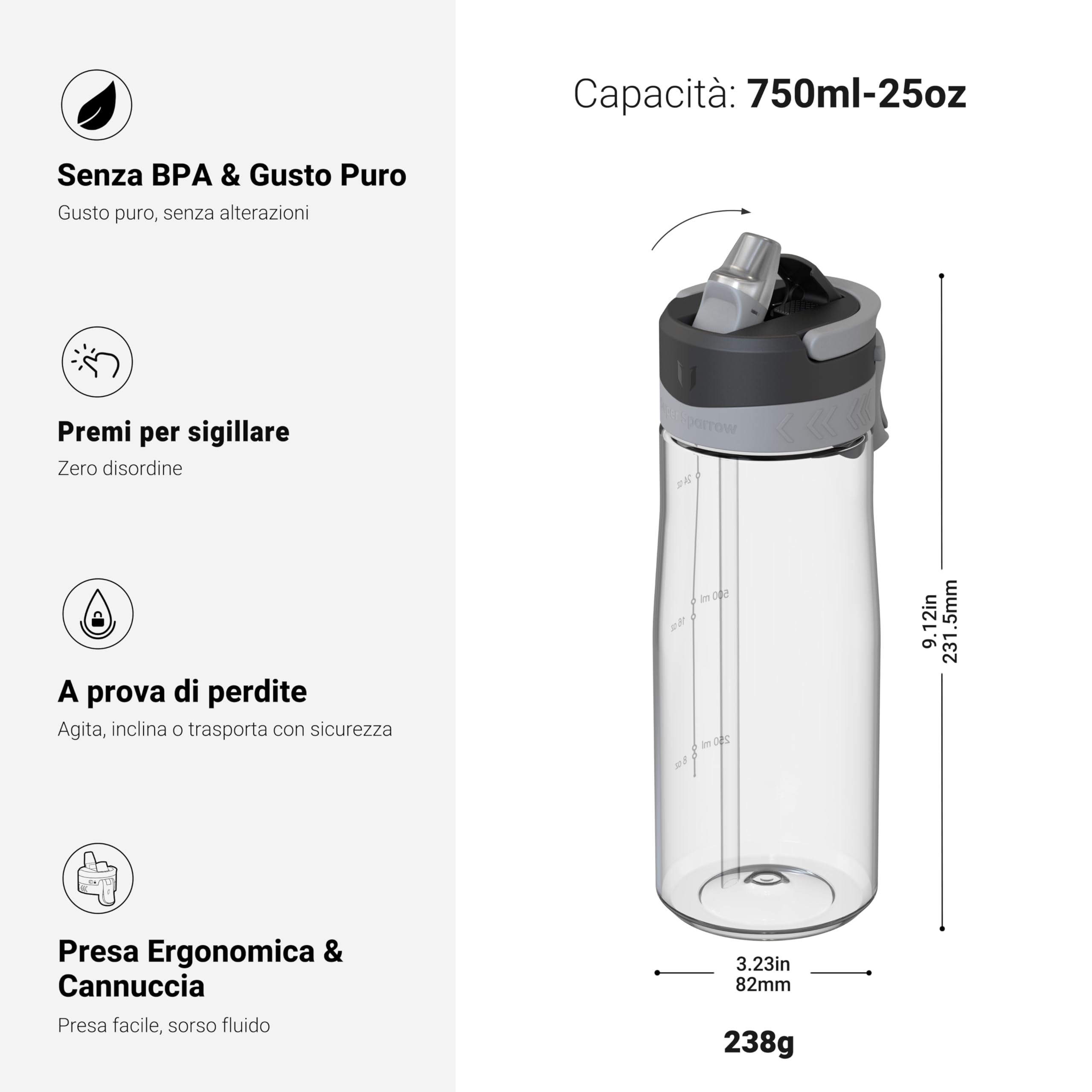 Sparrow Borraccia - 500ml, 750ml, 1L - TouchFlow Bottiglia Senza BPA - Senza Perdite Borraccia Cannuccia - Borracce Sportiva Flusso Rapido Con Un Clic per Scuola, All'aperto