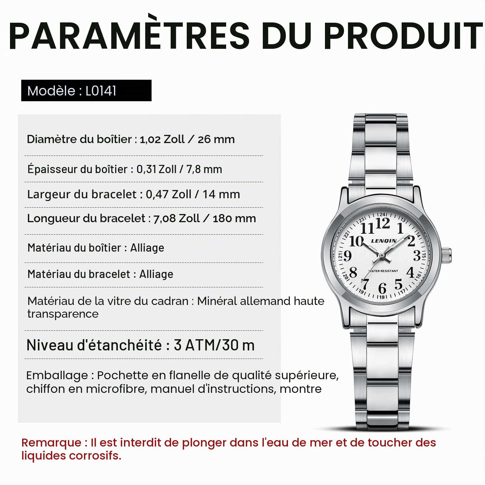 LN LENQIN Montre Femme Acier Inoxydable Quartz Étanche 30M Aiguilles Lumineuses