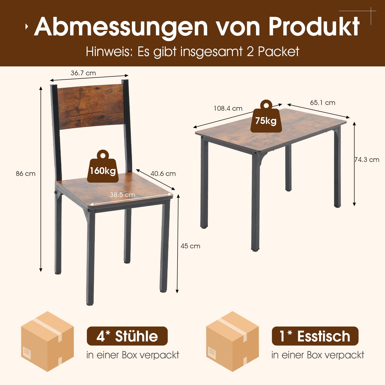OC Orange-Casual 5-teilig Esszimmertisch Set, Esszgruppe für 4 Personen, Esstisch mit 4 Stühle aus MDF& Metall, Esszimmergruppe im Industrial-Look für Esszimmer, Küche, Vintagebraun (2 Packet)