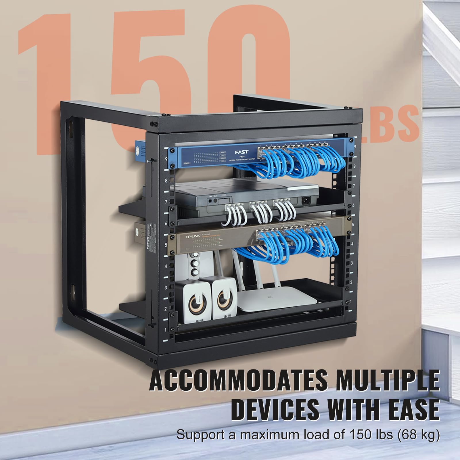 VEVOR Mensola server da Parete 9U, Telaio per Server di Rete Carico max. 68kg ca. 530x450x520 mm, Supporto per Router Rete Apparecchiature IT da Muro Salvaspazio
