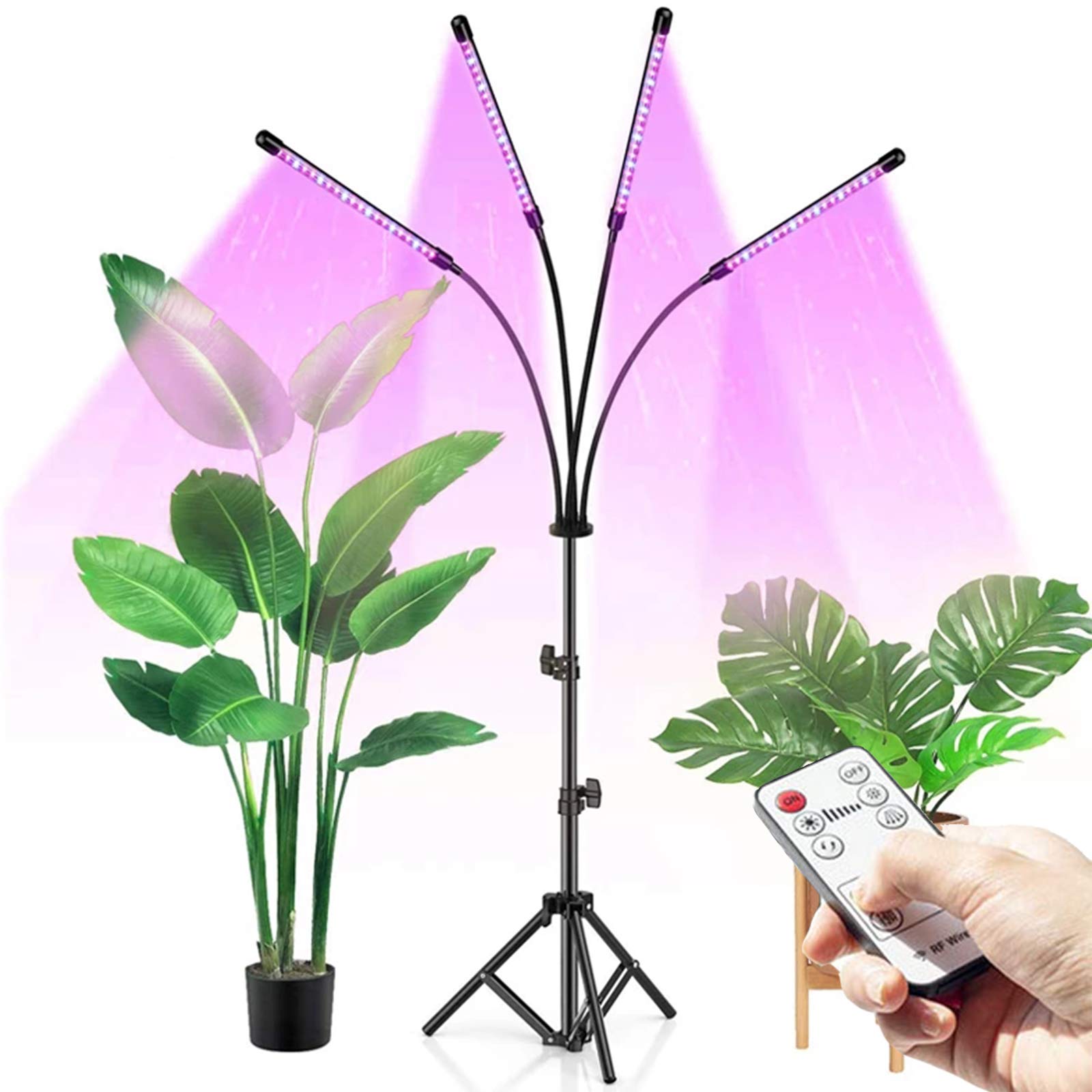 Lampada per Piante, 4 Luci A LED da Terra con Treppiede Regolabile per Piante da Coltivazione Interno, 80LED con Timer Automatico 4H/8H/12H,Spettro Completo, 3 modalità 9 Livelli di Luminosità
