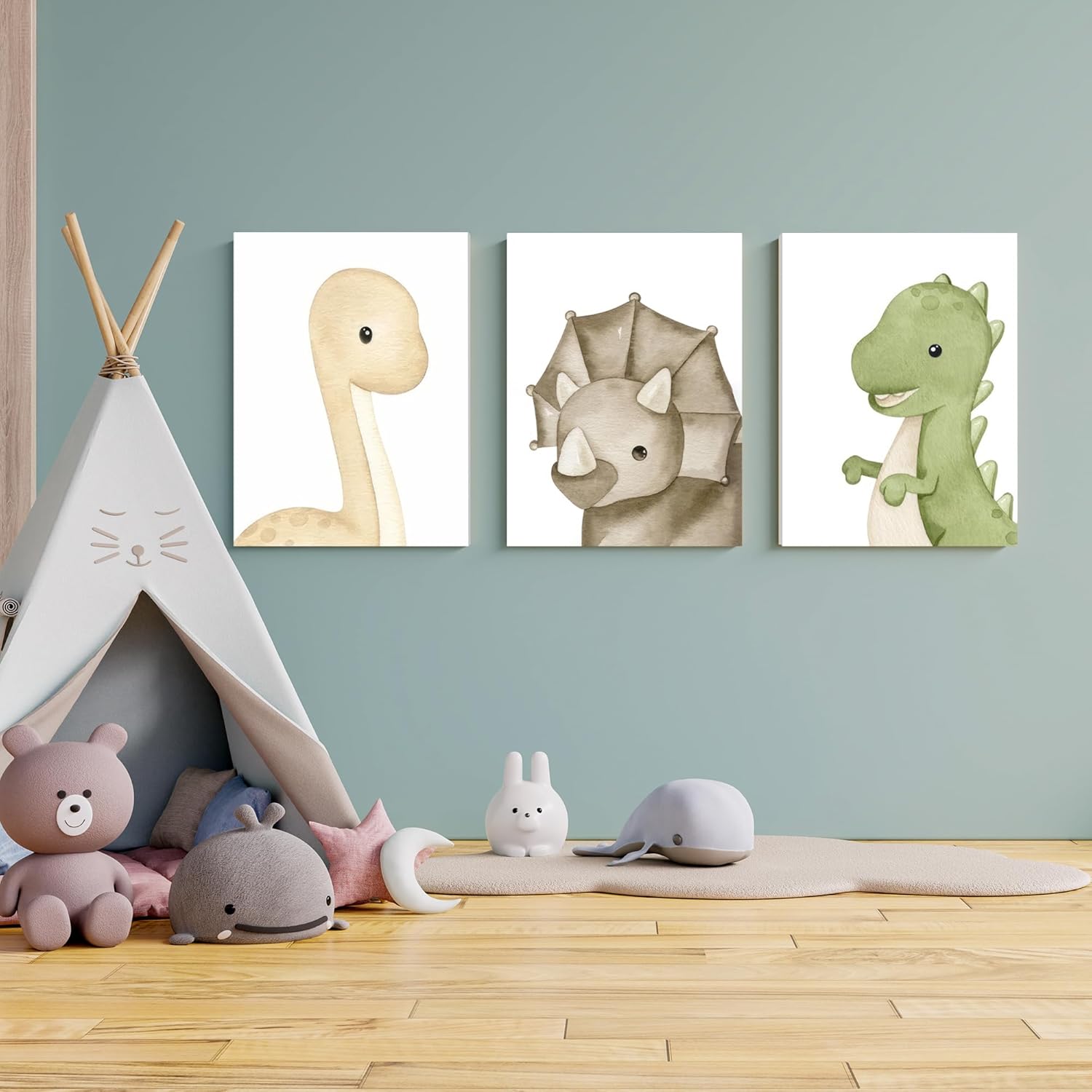 arfitest Dinosaur Wall Art Kids Boys Room Canvas Wall Decor Dino Nursery Wall Art Pictures Baby Dinosaur Poster Prints for Boys Bedroom Bathroom 12x16 Inch Framed Set of 3
