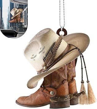 Car Rear View Mirror Pendant, Acrylic Cowboy Boots Hats Car Hanging Ornament, 3.15" x 1.97" Western Cowboy Theme Interior Rearview Mirror Charm, Universal Rearview Decor for Cars #1