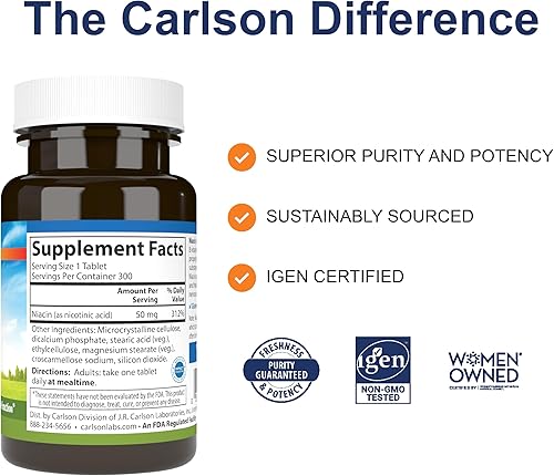 Vista 2 de Carlson - Niacina, 50 mg, apoya el metabolismo del colesterol, la producción de energía, la salud del corazón, la función nerviosa, 300 tabletas