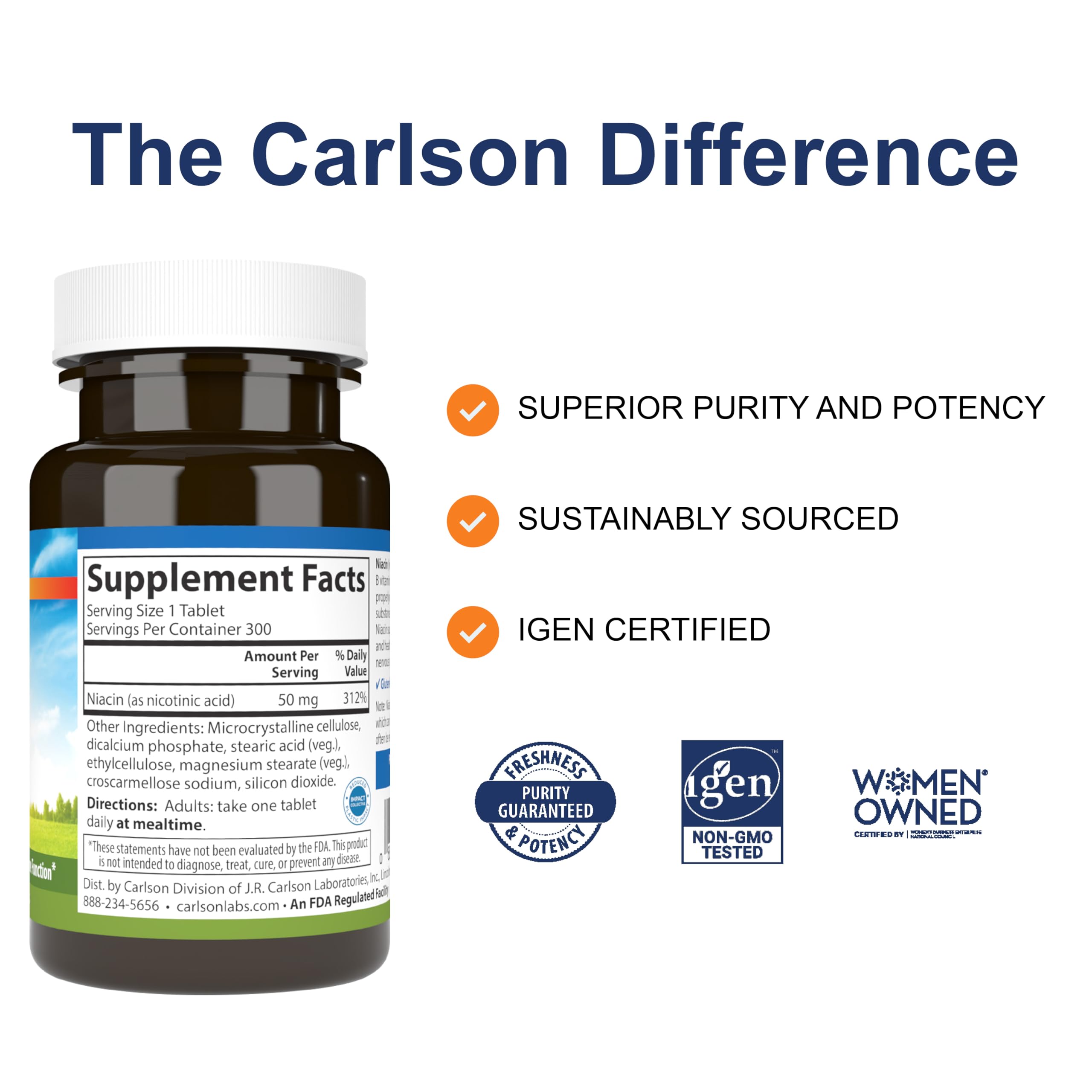 Carlson Niacin, 50 mg, Cholesterol Metabolism, Nerve Function, 300 Tablets — Amazon image 2