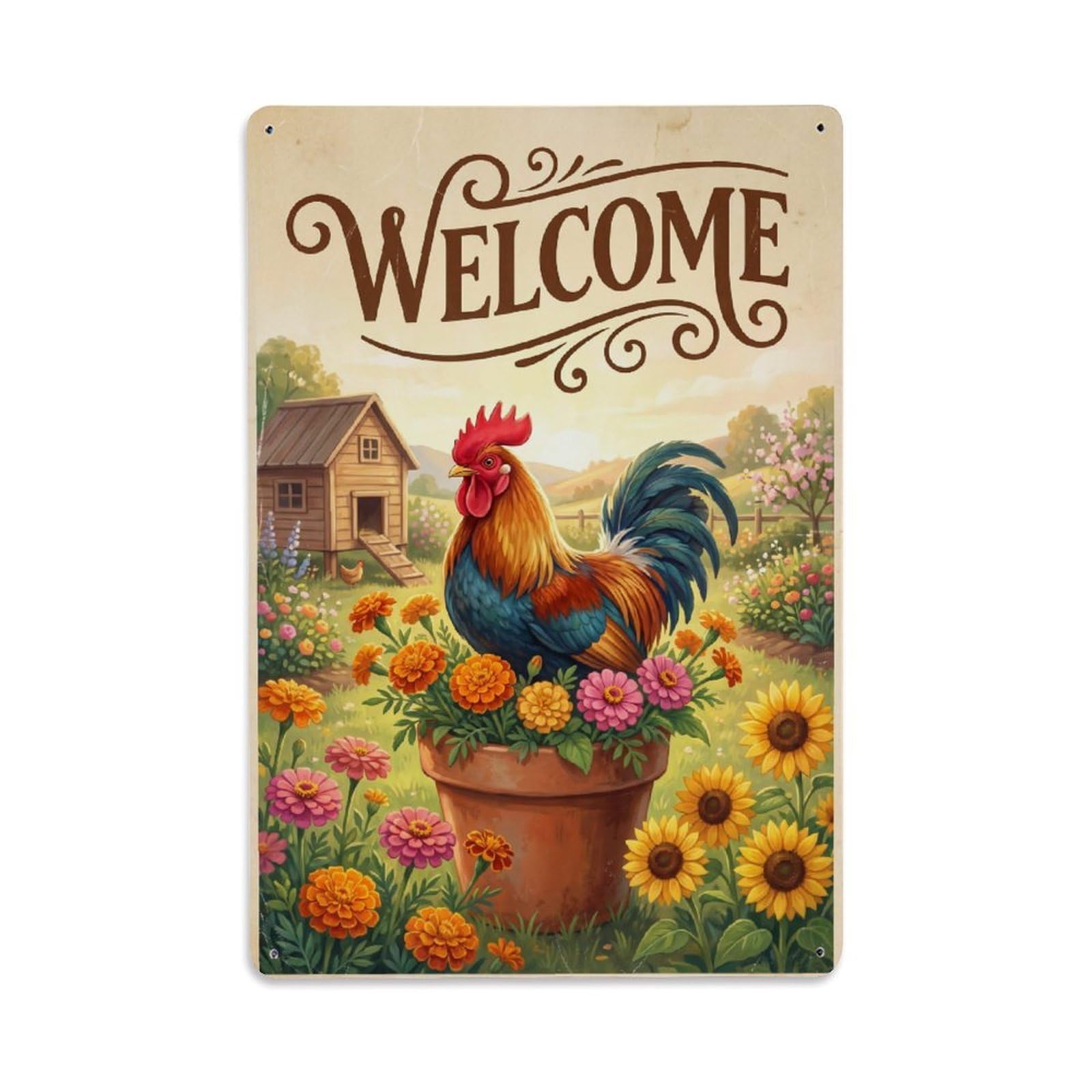Cxhjca 8X12inch(20X30cm) Vintage Welcome Rooster Morning Dew Metal Tin Sign