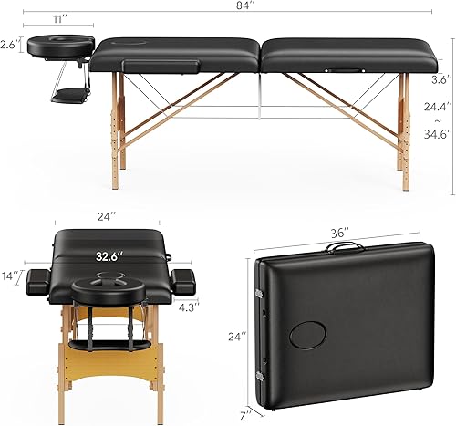 Miniatura 6 de Brelley Mesa de masaje portátil de madera para pestañas, 24 pulgadas de ancho, altura ajustable, mesa de spa de 2 pliegues, cama plegable para