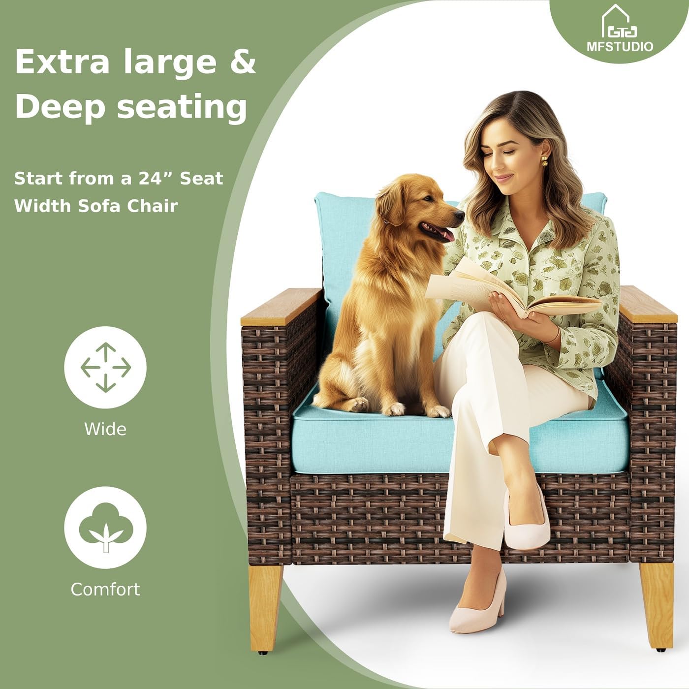 A person and a dog relaxing on a wide, deep-seated patio sofa chair.
