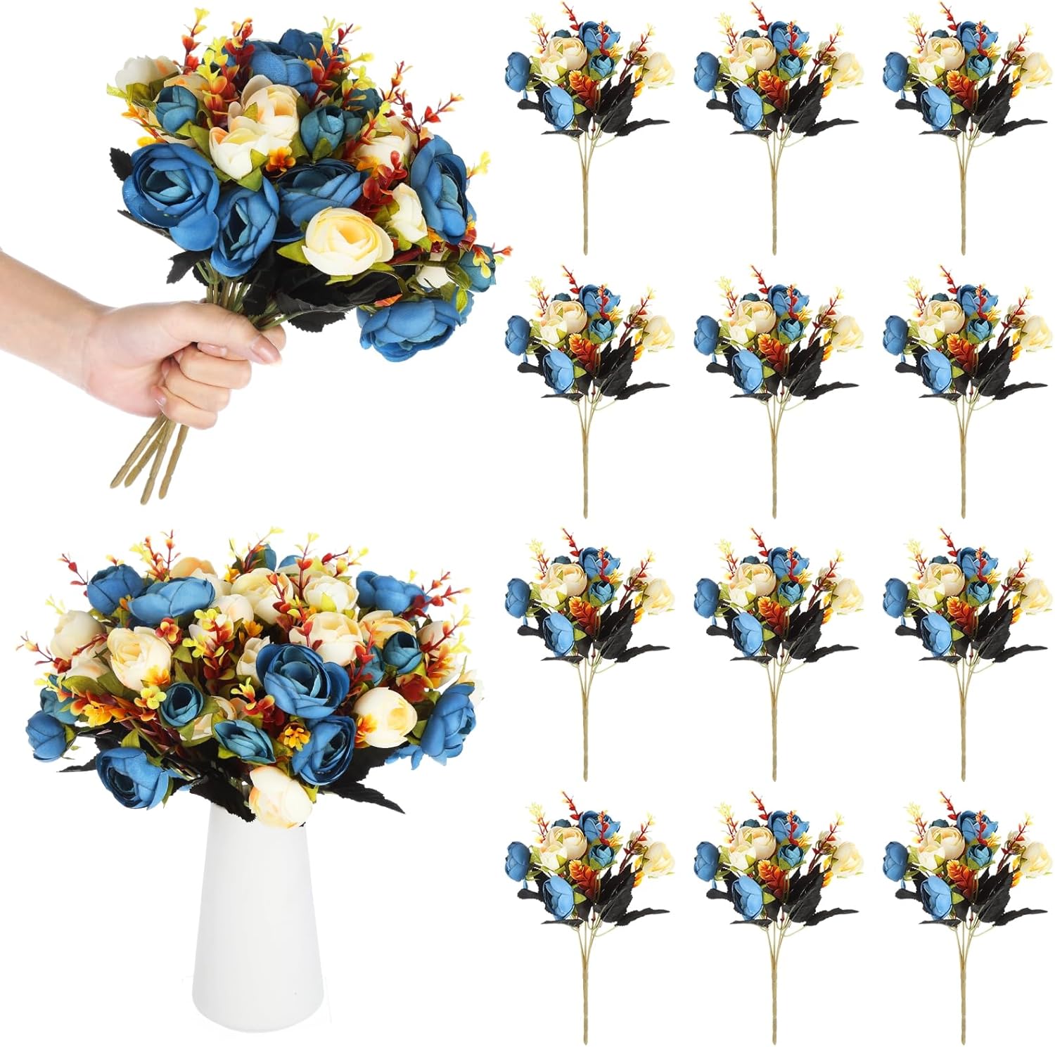 12 Artificial Blue Rose Bouquets, Silk Camellia Tea Roses, Perfect For Home And Wedding Table Centerpieces, Realistic Decorative Flowers