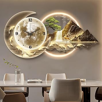 Large 3D LED Wall Clock with Light,Modern Wall Art Decor Clock,Home Decorative Painting Sculpture for Living Room Bedroom Entrance DecorYellow-B,60X30cm/23.6x11.8in