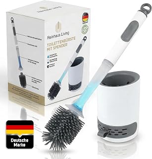 Toilettenbürste Silikon 2-in-1 mit integriertem WC-Reiniger per Knopfdruck – Klobürste mit Halter – WC-Garnitur mit Duftsteinfach – hygienische WC-Bürste grau/weiß