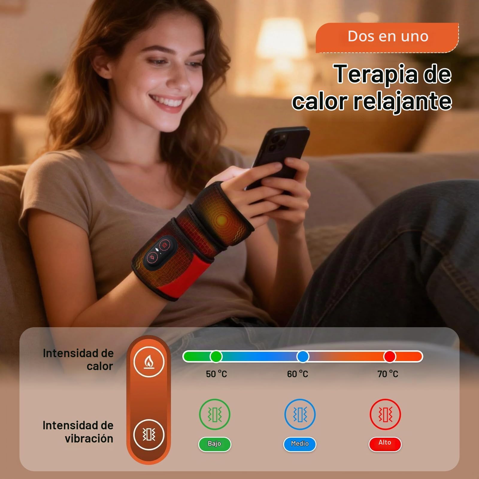 Masajeador de Muñeca Inalámbrica con 3 Niveles de Calor y Vibración, Batería 3000 mAh Recargable para Uso en Hogar, Oficina, Deporte - Confort y Relajación para Muñeca, Mano, Codo