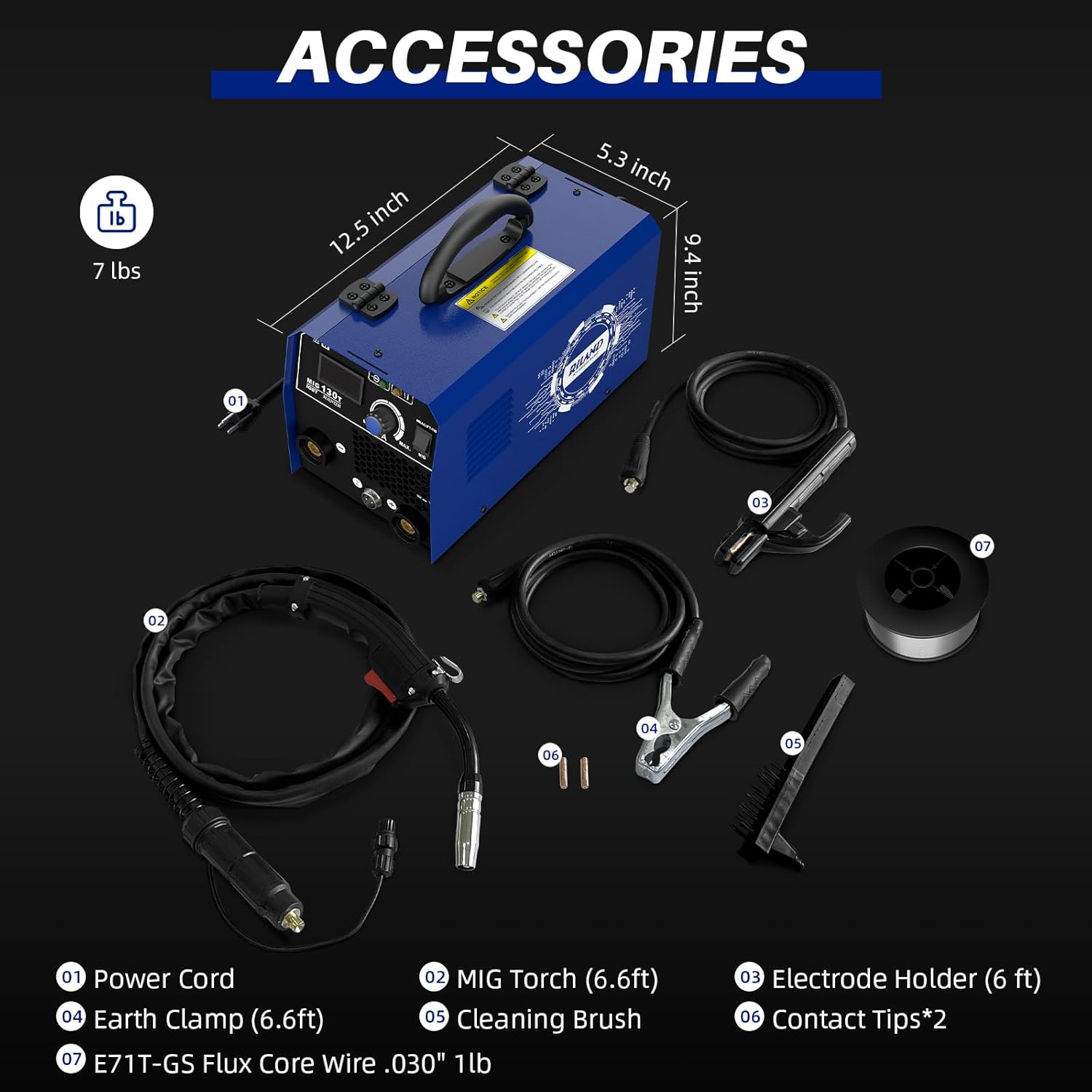 Diagram showing all accessories included with the RILAND MIG130T welder