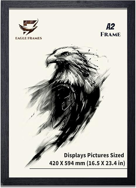 EAGLE FRAMES - A2 Frame Black Wooden Effect Wood Picture Photo Frames, 3cm Wide Premium Quality Poster Frame Comes with Shirnk Rap, Corner Rap, and a Dual Sided Protective Film for Plexiglass