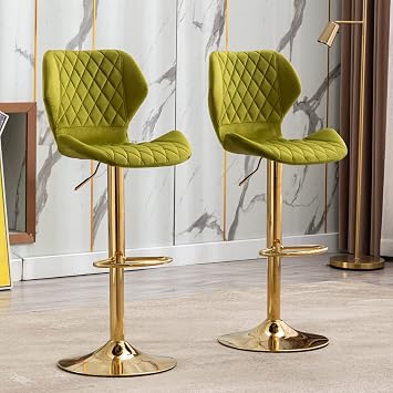 Velvet Bar Stools Set of 2 Adjustable Green Counter Stools with Gold Legs Modern Swivel Bar Chairs for Kitchen Island/Dining Room/Home Bar