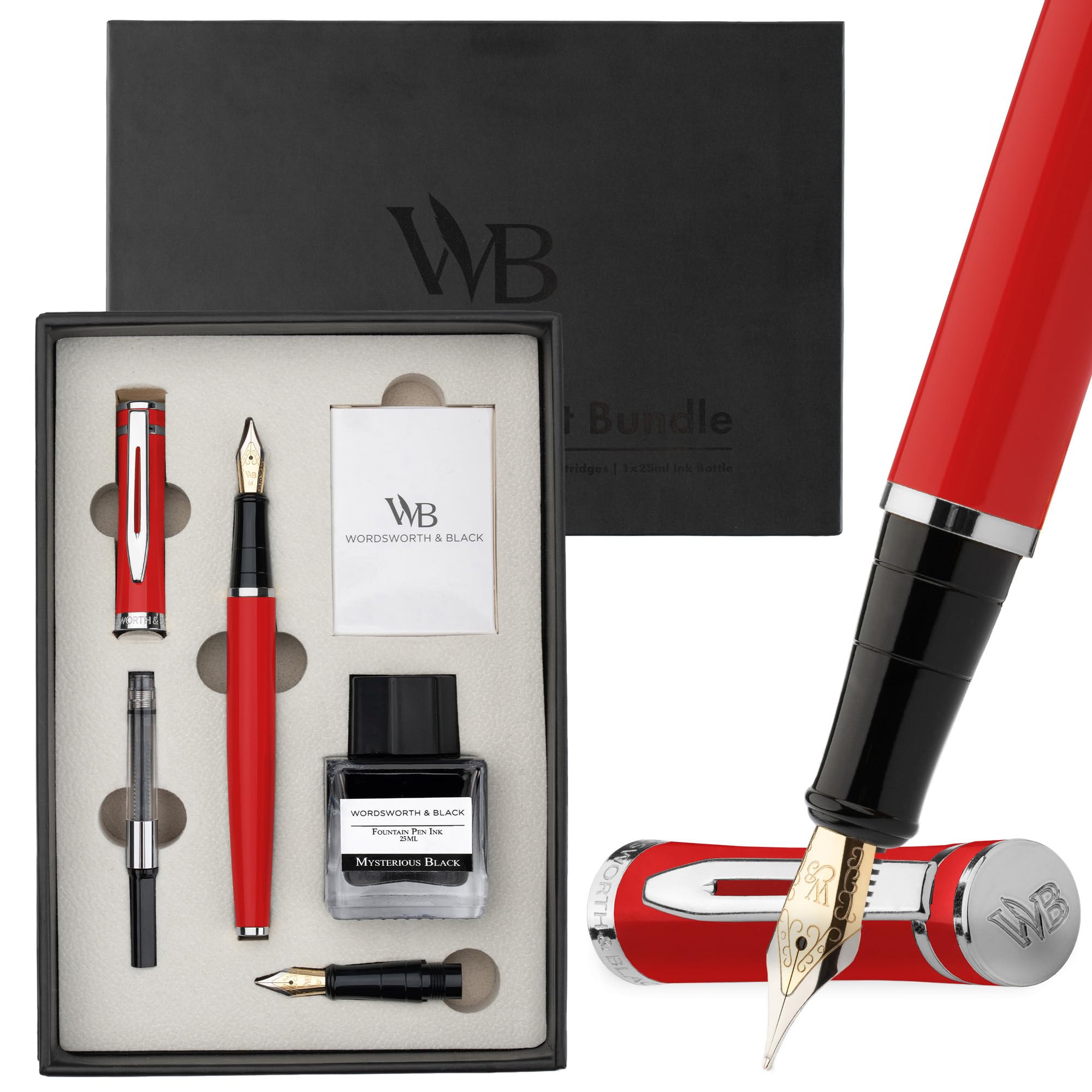 Wordsworth & Black Fountain Pen Set,18K Gilded Medium and Extra Fine Nib,25ML Black Ink Bottle,6 Ink Cartridges,Refill Converter, Gift Box, Smooth Writing Pens [Red Chrome],Gift Set for Men and Women