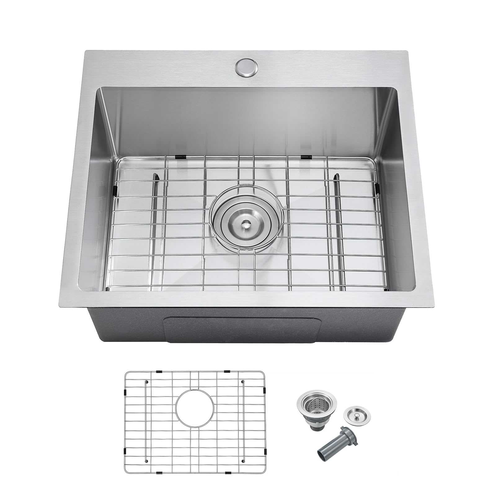 MENATT Brushed 20 Inch Kitchen Sink Drop in, 18 Gauge Stainless Steel 1 Faucet Hole Single Bowl Topmount Kitchen Sinks with Drain Assembly & Grid, D20