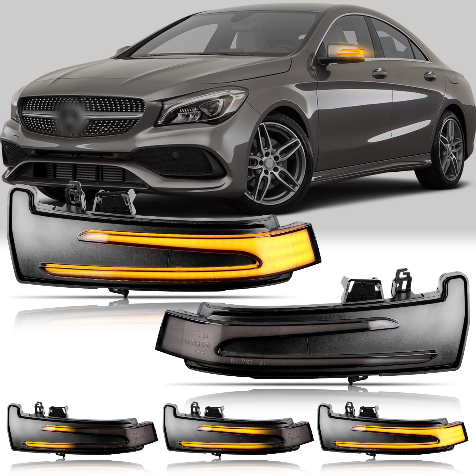 Gempro LED Sequential Amber Side Mirror Marker Turn Signal Lights for Mercedes Benz W204 W176 W212 W246 CLA A B C E S GLA GLK CLS Class, Smoked Len
